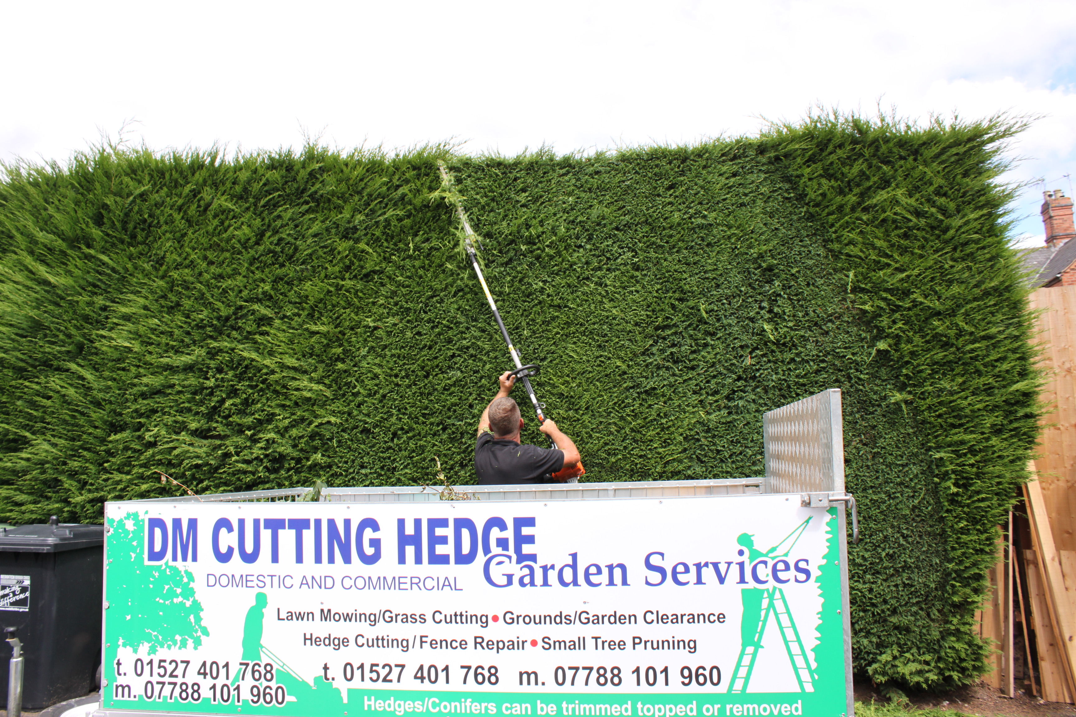 Trailer with branding foreground. Conifer trimming background